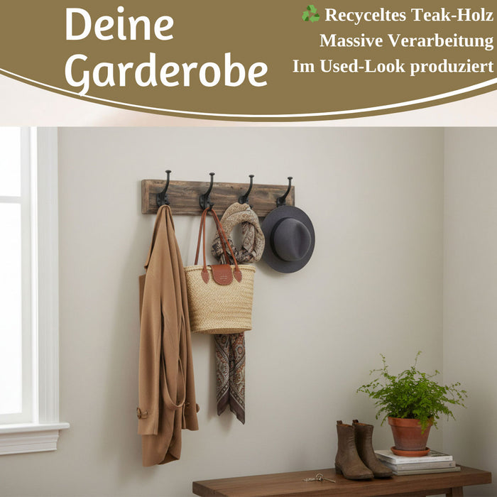 Vintage Wandgarderobe Dehli 50cm Teak Holz Braun 4/8 Haken Recycelt Kleiderhaken