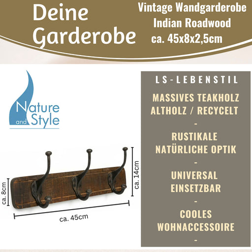 KI-generiertes Bild,Vintage Teak Holz Wandgarderobe 45cm 3/6 Haken Jackenhalter Braun Garderobenleiste