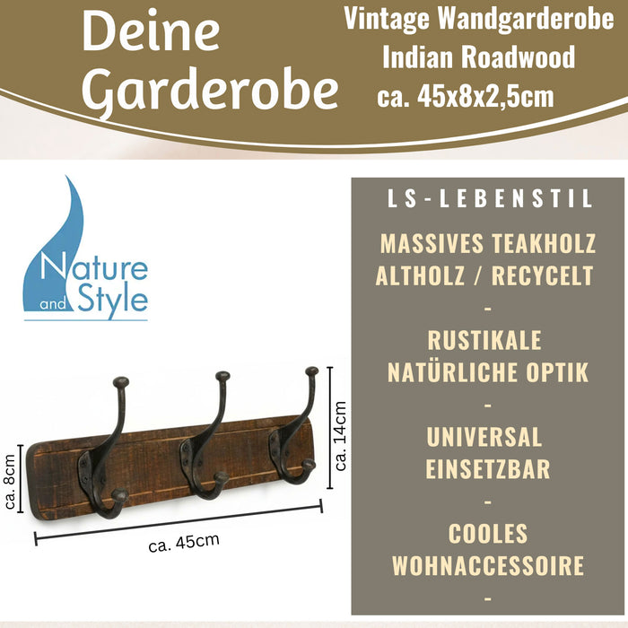 KI-generiertes Bild,Vintage Teak Holz Wandgarderobe 45cm 3/6 Haken Jackenhalter Braun Garderobenleiste