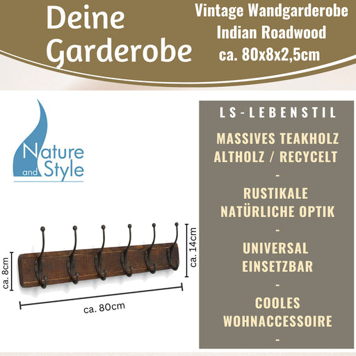 KI-generiertes Bild,Vintage Teak Holz Wandgarderobe 80cm 6/12 Haken Jackenhalter Braun Garderobenleiste