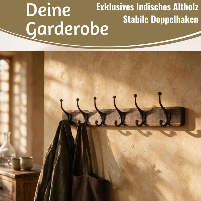KI-generiertes Bild,Vintage Teak Holz Wandgarderobe 80cm 6/12 Haken Jackenhalter Braun Garderobenleiste