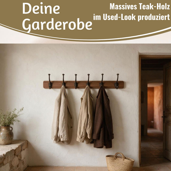 KI-generiertes Bild,Vintage Teak Holz Wandgarderobe 80cm 6/12 Haken Jackenhalter Braun Garderobenleiste