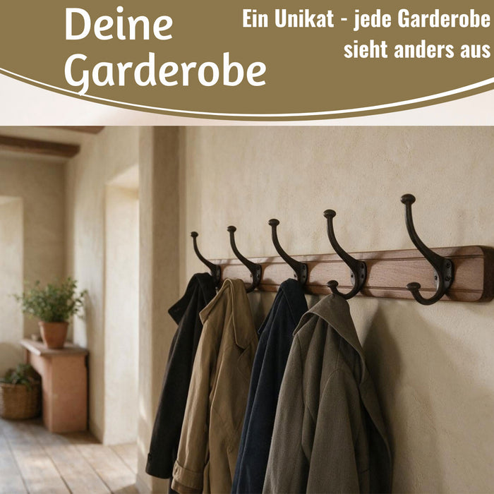 KI-generiertes Bild,Vintage Teak Holz Wandgarderobe 80cm 6/12 Haken Jackenhalter Braun Garderobenleiste