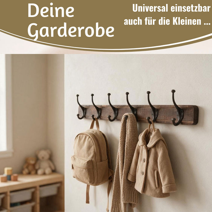 KI-generiertes Bild,Vintage Teak Holz Wandgarderobe 80cm 6/12 Haken Jackenhalter Braun Garderobenleiste