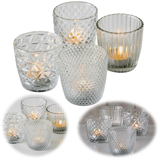 KI-generiertes Bild 4´er Set Glas Teelichthalter Retro Weiß Klar 7cm Teelichtglas Windlicht-Halter