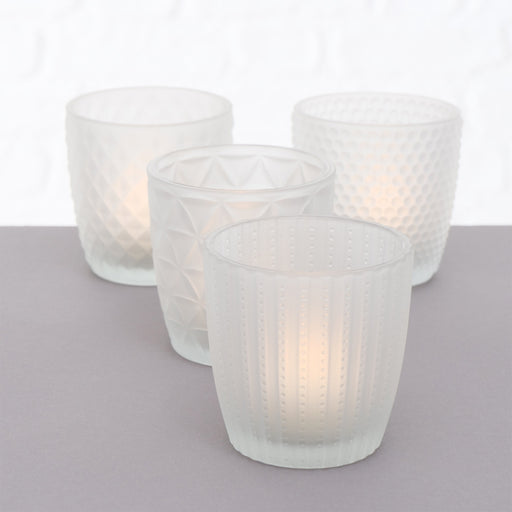 KI-generiertes Bild,4´er Set Glas Teelichthalter Retro Weiß Matt 7cm Teelichtglas Windlicht-Halter