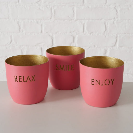 KI-generiertes Bild,3x Metall Teelichthalter Relax Enjoy Smile Rosa Gold 7x7cm Set Windlichthalter