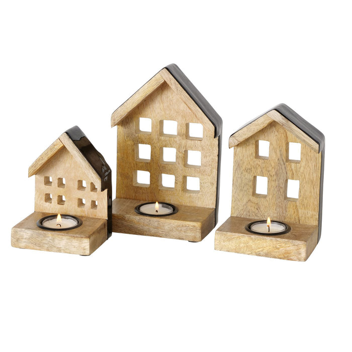 Teelichthaus Lichterhaus Nyhavn 3-teiliges Set Holz Braun Schwarz Teel — LS-LebenStil