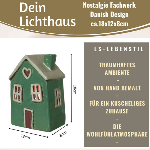 KI-generiertes Bild,Teelichthaus Lichterhaus Nyhavn 18cm Grün Weiß Herz Keramik Fachwerkhaus Teelichthalter