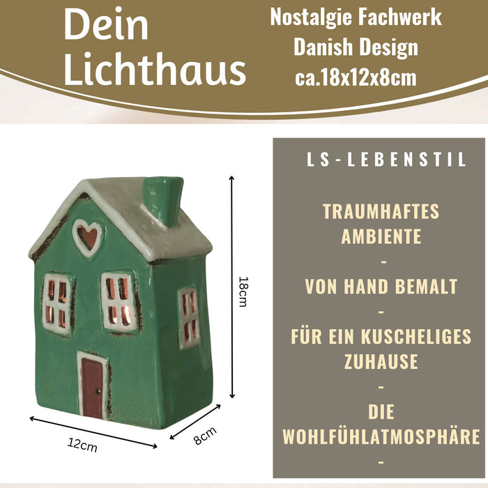 KI-generiertes Bild,Teelichthaus Lichterhaus Nyhavn 18cm Grün Weiß Herz Keramik Fachwerkhaus Teelichthalter