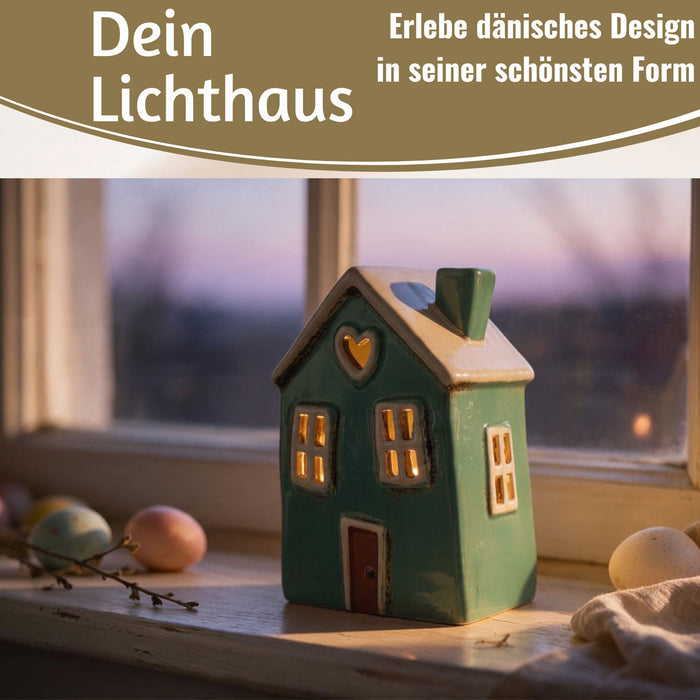 KI-generiertes Bild,Teelichthaus Lichterhaus Nyhavn 18cm Grün Weiß Herz Keramik Fachwerkhaus Teelichthalter