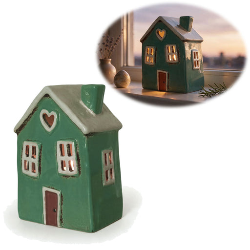 KI-generiertes Bild Teelichthaus Lichterhaus Nyhavn 18cm Grün Herz Keramik Fachwerkhaus Teelichthalter