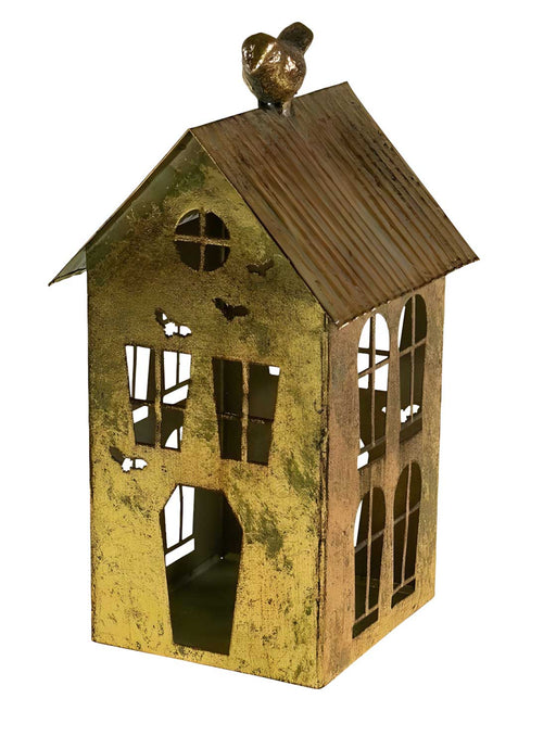 KI-generiertes Bild,Teelichthaus Lichterhaus 23cm Gold Metall Fachwerkhaus Teelichthalter