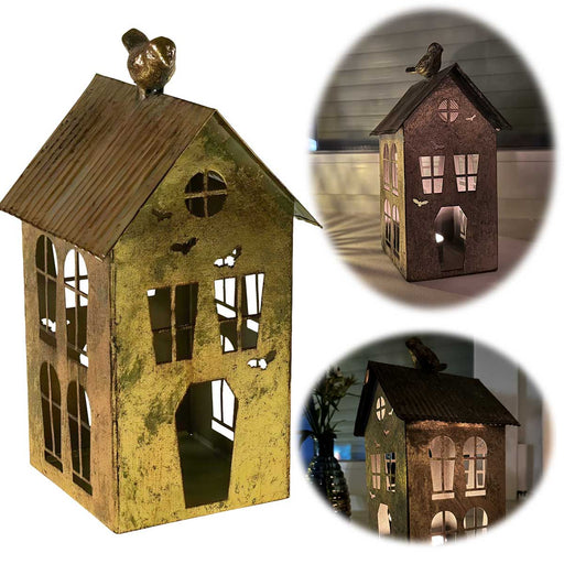 KI-generiertes Bild Teelichthaus Lichterhaus 23cm Gold Metall Fachwerkhaus Teelichthalter