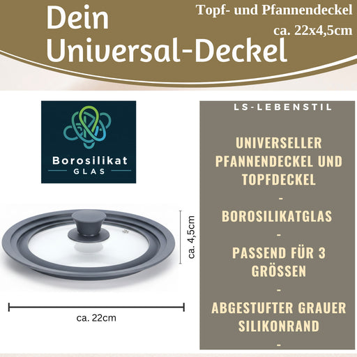 Universal Glasdeckel Ø 18 20 22cm abgestufter Silikonrand Deckel für Pfannen Töpfe