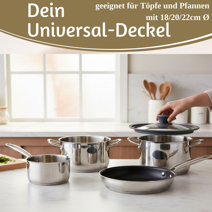 Universal Glasdeckel Ø 18 20 22cm abgestufter Silikonrand Deckel für Pfannen Töpfe