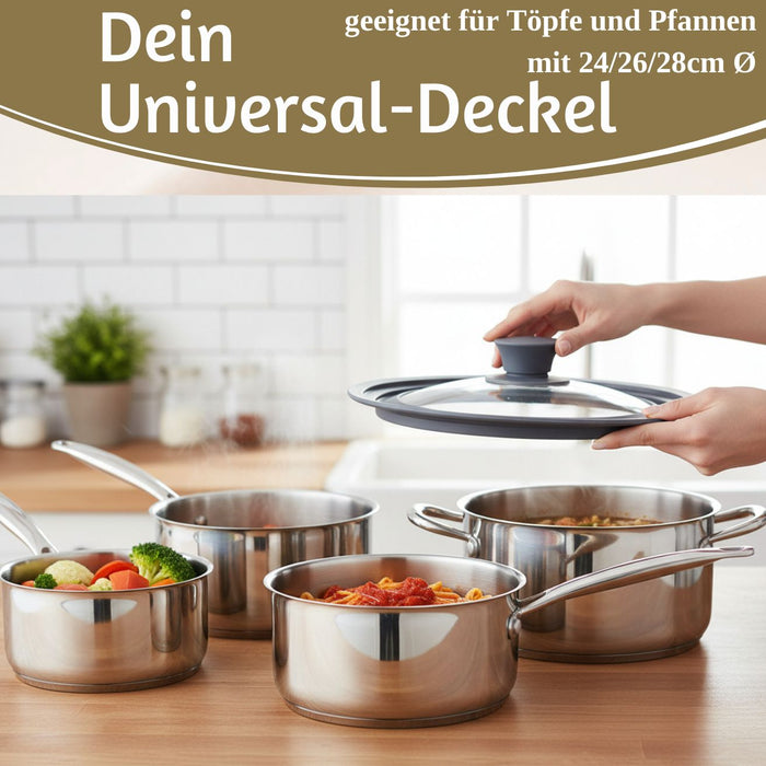 Universal Glasdeckel Ø 24 26 28cm abgestufter Silikonrand Deckel für Pfannen Töpfe