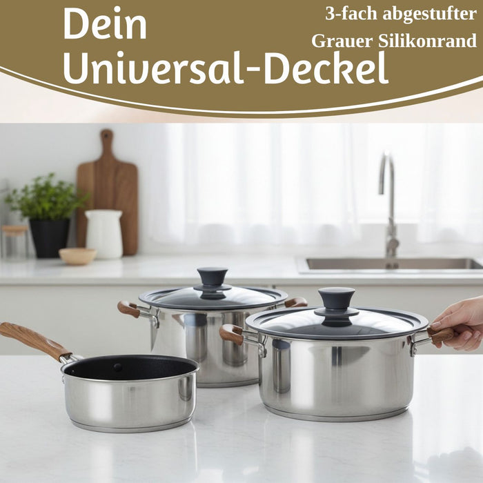 Universal Glasdeckel Ø 24 26 28cm abgestufter Silikonrand Deckel für Pfannen Töpfe