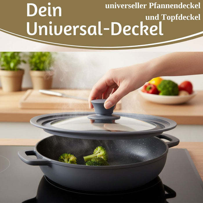Universal Glasdeckel Ø 24 26 28cm abgestufter Silikonrand Deckel für Pfannen Töpfe
