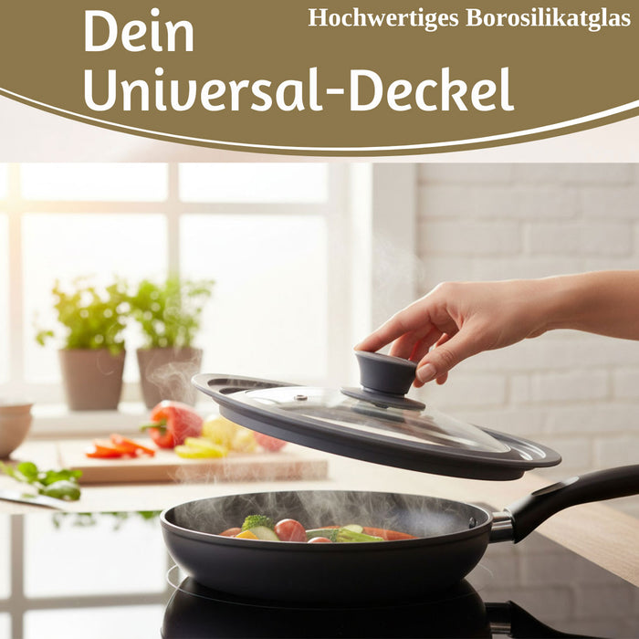 Universal Glasdeckel Ø 24 26 28cm abgestufter Silikonrand Deckel für Pfannen Töpfe