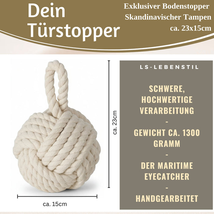 Boden Türstopper Malmö 23cm Creme Weiß 1,3kg Jute Knoten Tragegriff Türpuffer Türhalter Türsack