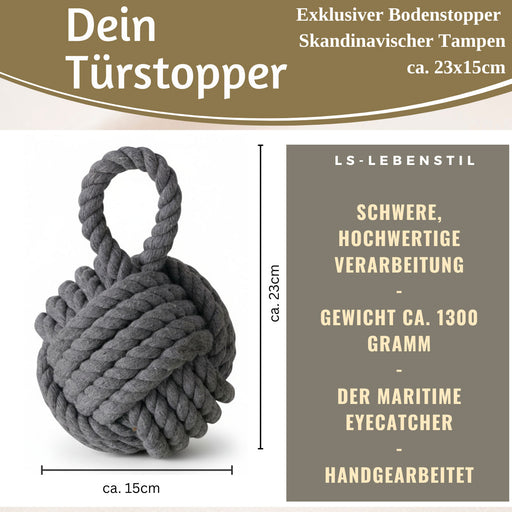 Boden Türstopper Malmö 23cm Grau 1,3kg Jute Knoten Tragegriff Türpuffer Türhalter Türsack