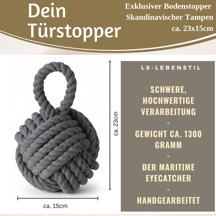 Boden Türstopper Malmö 23cm Grau 1,3kg Jute Knoten Tragegriff Türpuffer Türhalter Türsack