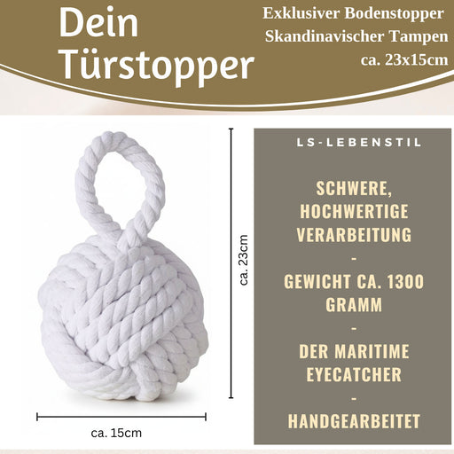 Boden Türstopper Malmö 23cm Weiß 1,3kg Jute Knoten Tragegriff Türpuffer Türhalter Türsack