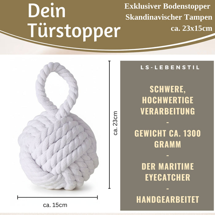 Boden Türstopper Malmö 23cm Weiß 1,3kg Jute Knoten Tragegriff Türpuffer Türhalter Türsack
