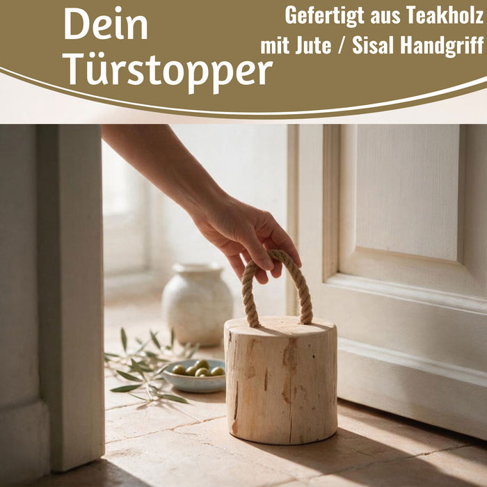 KI-generiertes Bild,Boden Türstopper Oslo 15cm Teakholz 1,5kg Jute Tragegriff Türpuffer Türhalter Türsack