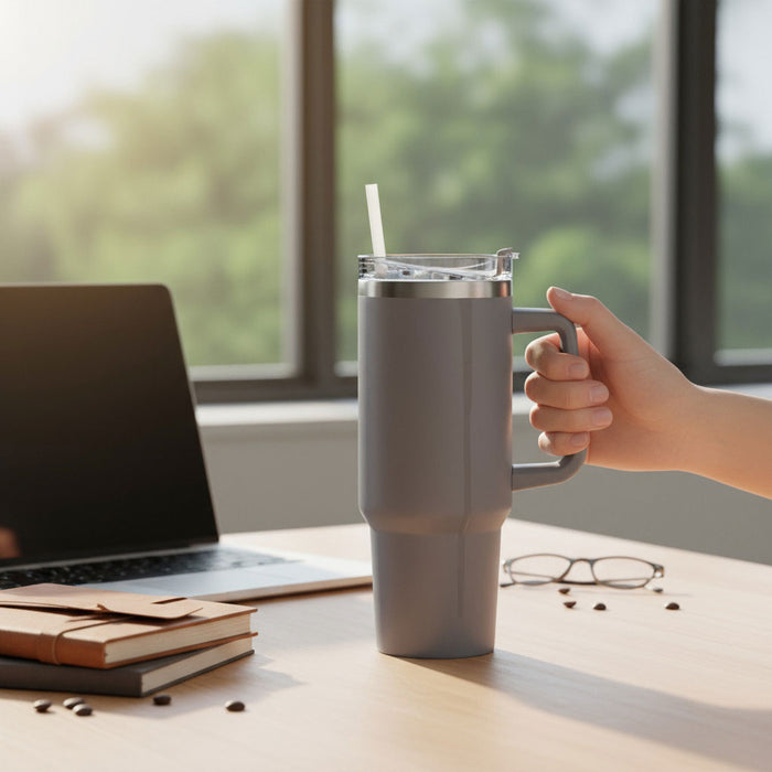 XL Edelstahl Trinkbecher Anthrazit 1200ml mit Griff Vakuum Kaffeebecher Coffee to Go