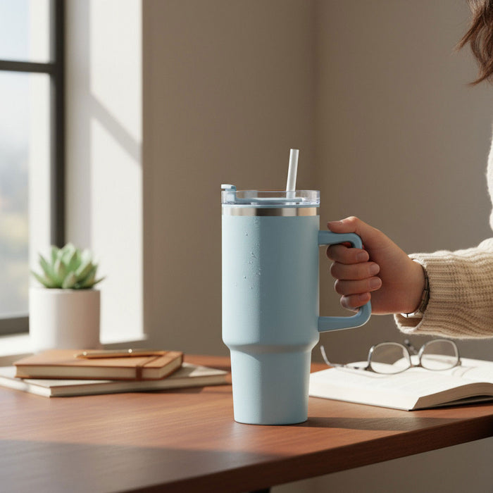 XL Edelstahl Trinkbecher Blau 1200ml mit Griff Vakuum Kaffeebecher Coffee to Go