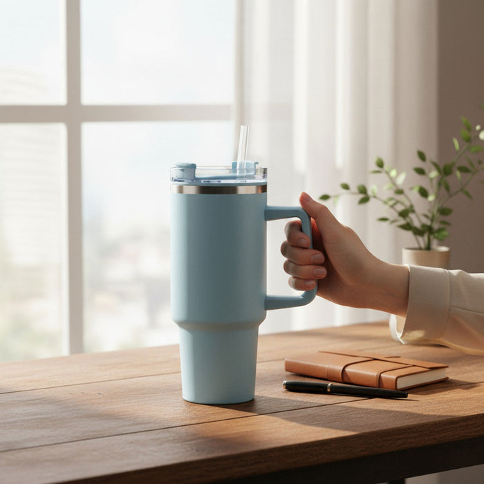 XL Edelstahl Trinkbecher Blau 1200ml mit Griff Vakuum Kaffeebecher Coffee to Go