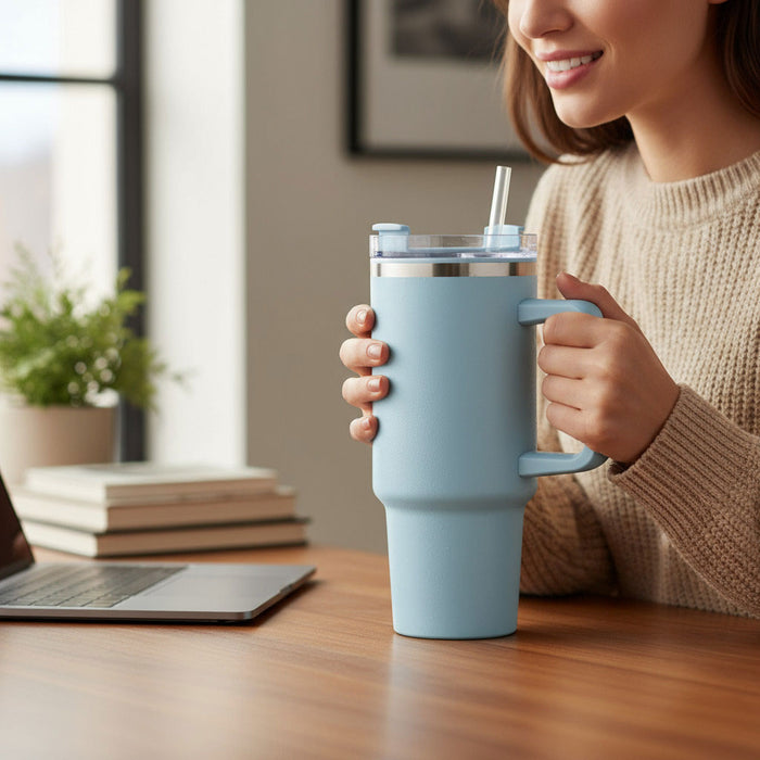 KI-generiertes Bild,XL Edelstahl Trinkbecher Blau 1200ml mit Griff Vakuum Kaffeebecher Coffee to Go
