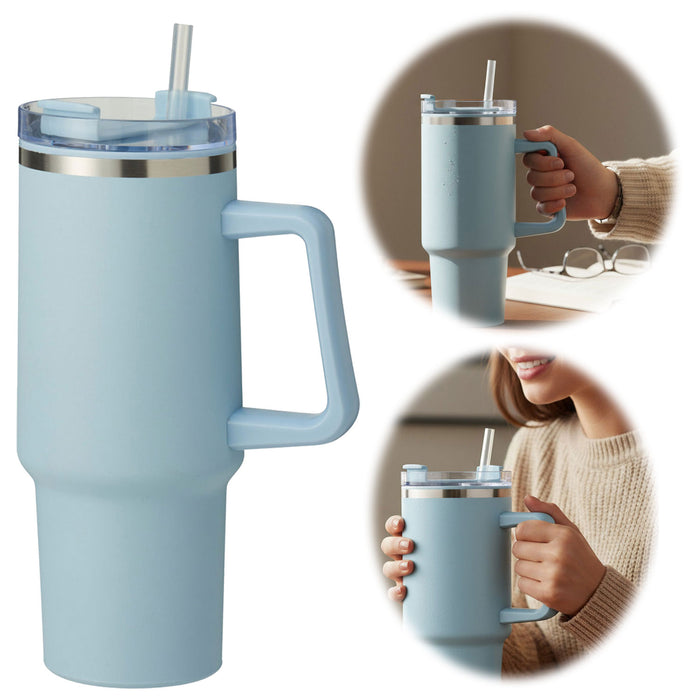 XL Edelstahl Trinkbecher Blau 1200ml mit Griff Vakuum Kaffeebecher Coffee to Go