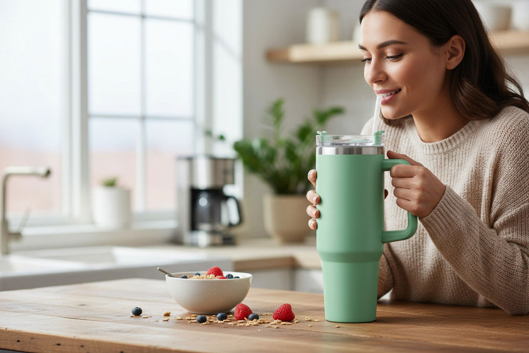 XL Edelstahl Trinkbecher Grün 1200ml mit Griff Vakuum Kaffeebecher Coffee to Go