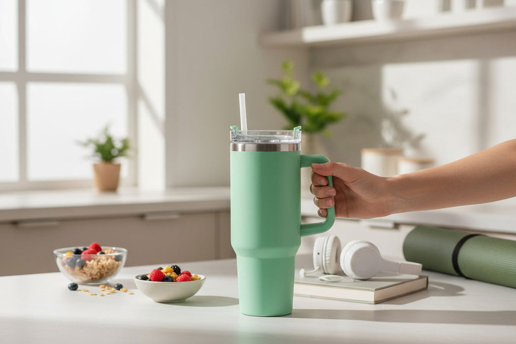 XL Edelstahl Trinkbecher Grün 1200ml mit Griff Vakuum Kaffeebecher Coffee to Go