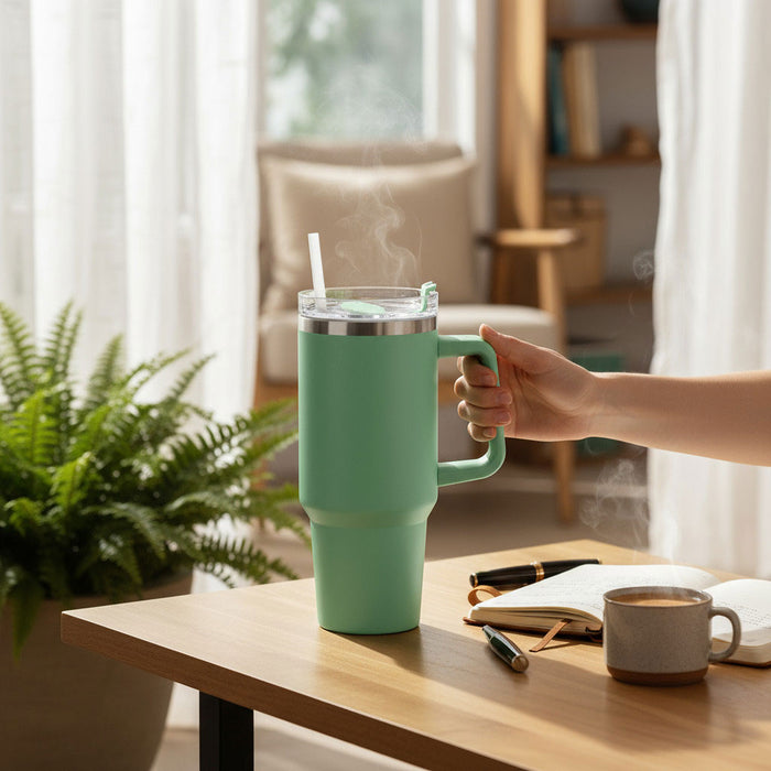 XL Edelstahl Trinkbecher Grün 1200ml mit Griff Vakuum Kaffeebecher Coffee to Go