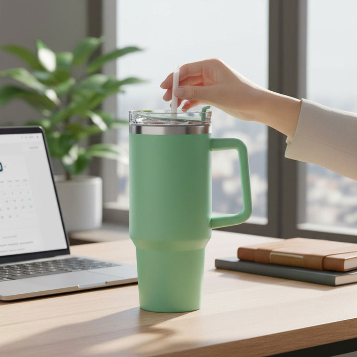 XL Edelstahl Trinkbecher Grün 1200ml mit Griff Vakuum Kaffeebecher Coffee to Go