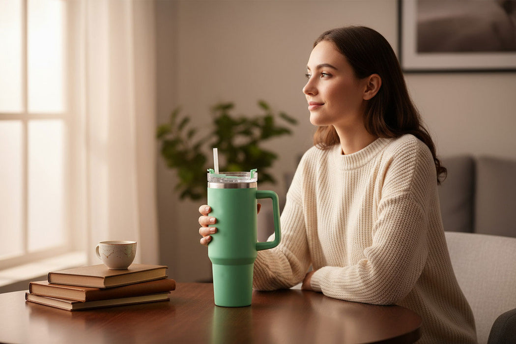 XL Edelstahl Trinkbecher Grün 1200ml mit Griff Vakuum Kaffeebecher Coffee to Go