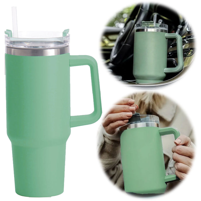 XL Edelstahl Trinkbecher Grün 1200ml mit Griff Vakuum Kaffeebecher Coffee to Go