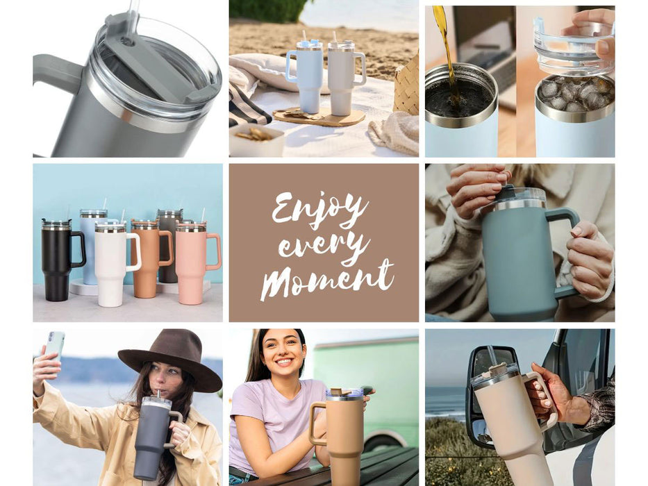 XL Edelstahl Trinkbecher Blau 1200ml mit Griff Vakuum Kaffeebecher Coffee to Go