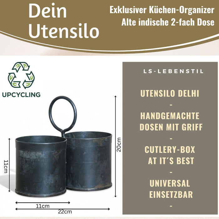 Vintage Besteckständer Dehli 20cm Rund 2-fach Griff Besteckkorb Utensilienhalter