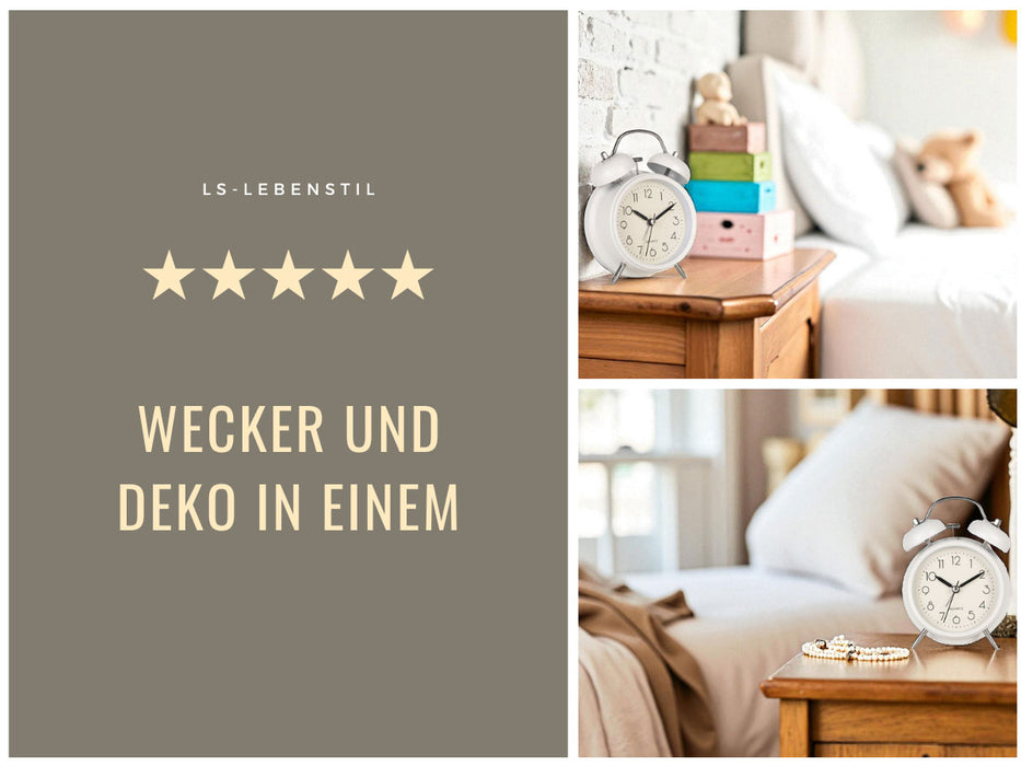 Vintage Metall Glockenwecker Weiß Grau 13x9cm Retro Analog Nostalgie Quarz-Wecker