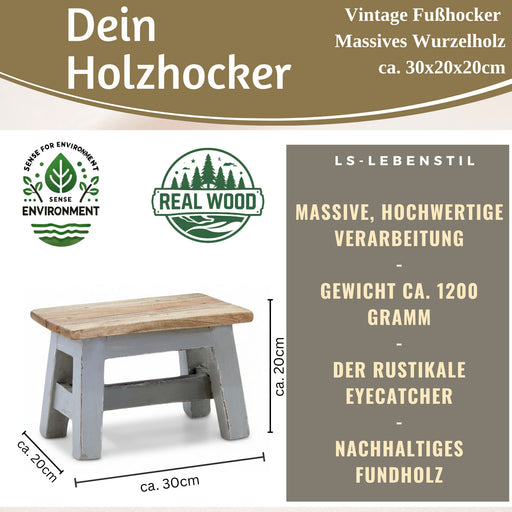 Vintage Holz Fußhocker Grau 30cm Tritthocker Schemel Fußbank Bänkchen
