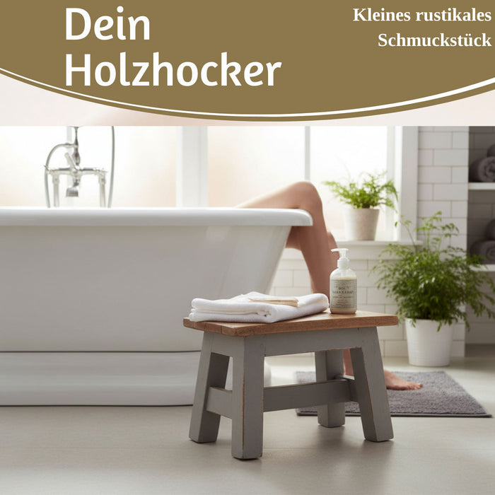 Vintage Holz Fußhocker Grau 30cm Tritthocker Schemel Fußbank Bänkchen