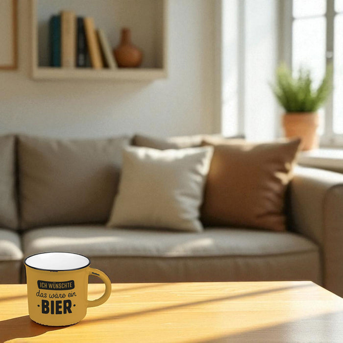 Vintage Kaffeebecher 400ml Keramik "wünschte ein Bier" Blau Emaille-Look Kaffeetasse