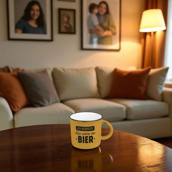 Vintage Kaffeebecher 400ml Keramik "wünschte ein Bier" Blau Emaille-Look Kaffeetasse
