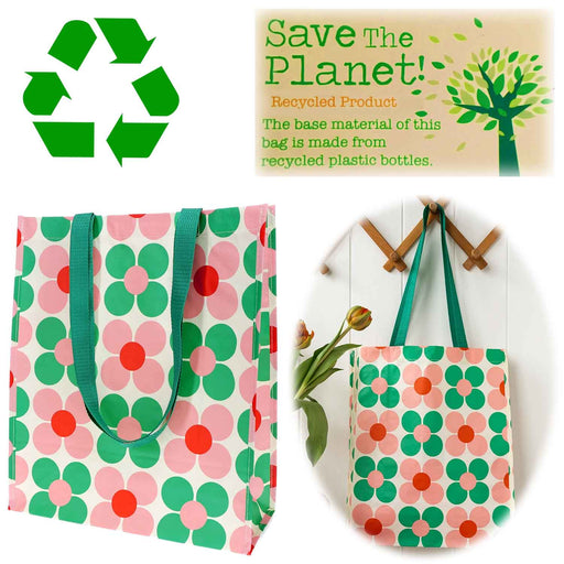 Shopper Einkaufstasche Daisy Pink Grün Recycelt faltbar Strandtasche Tragetasche