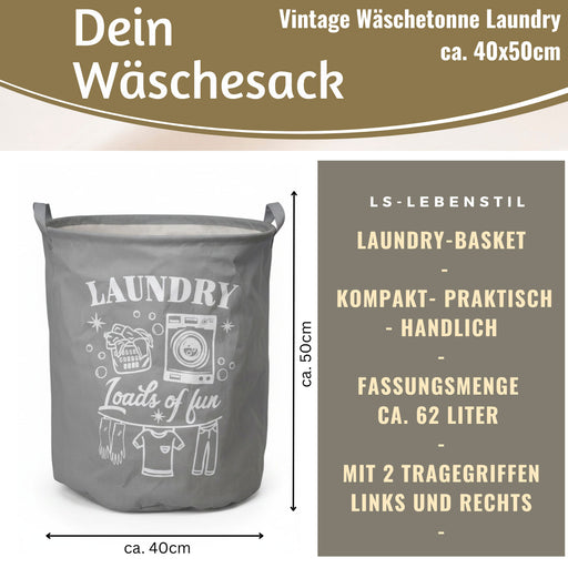 KI-generiertes Bild,Vintage Wäschesack Wäschekorb Laundry 50cm Grau Faltbar Wäschesammler